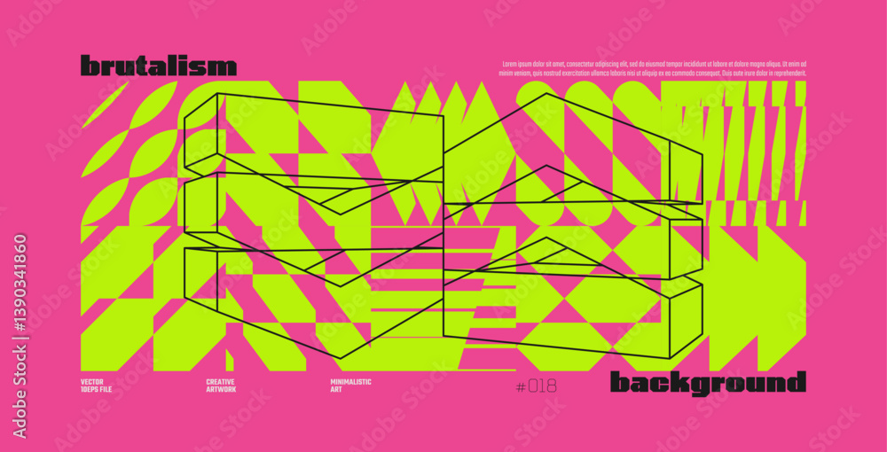 Poster Brutalism abstract vector magenta color background with Postmodern geometric graphic shapes in Y2K aesthetics, trendy colorful modernism artwork banner, various brutal form and line elements