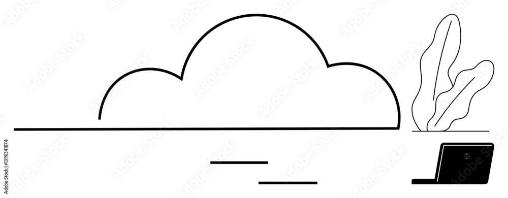 Poster abstract cloud shape connects with a laptop amidst minimal plant and abstract lines. ideal for techn