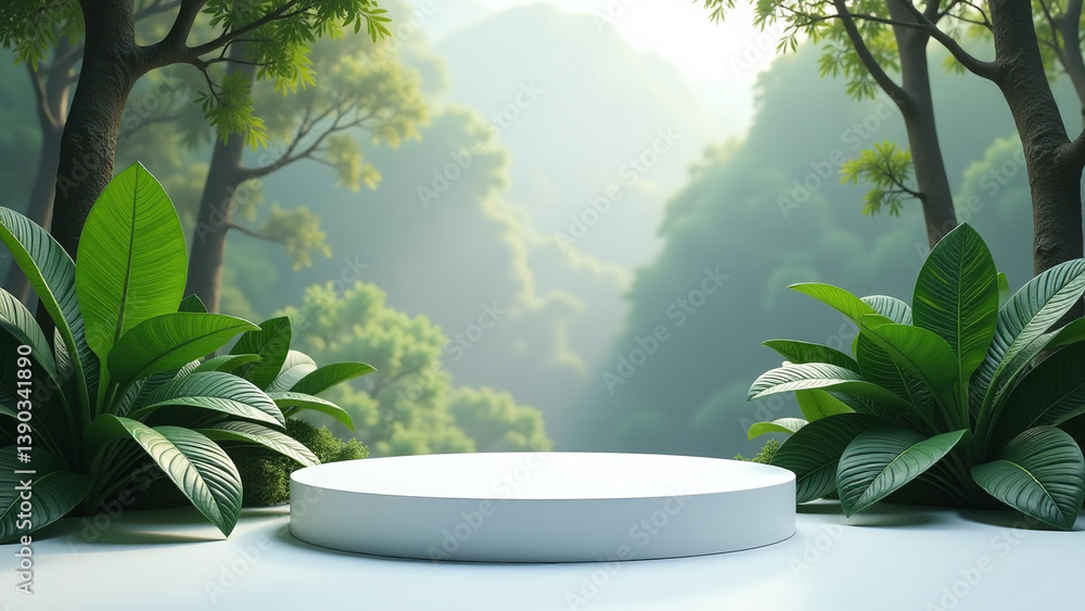 Poster ai generates artwork rainforest landscape using empty empty podium subject unique product presentati