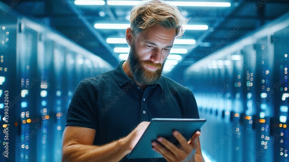 Poster a tech professional checks data on his tablet inside a server room with bright lights.