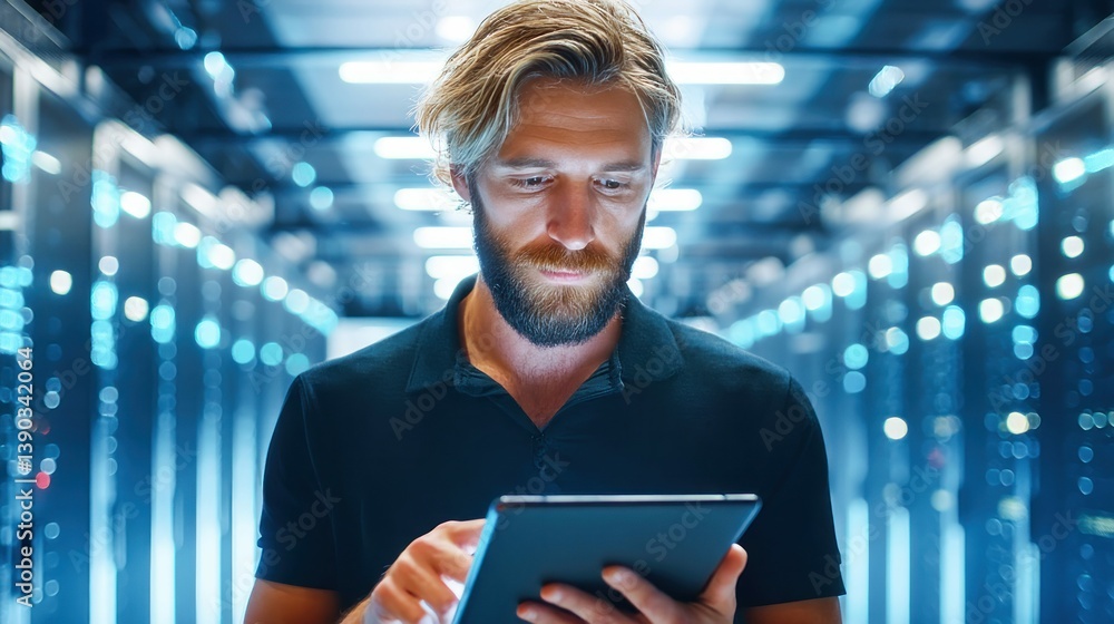 Poster a man works with a tablet in a data center, monitoring server equipment with focus.