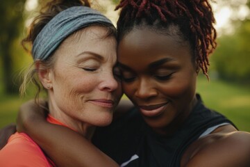 Fototapeta premium Close up portrait of two multiracial senior female friends embracing each other after a sport workout in a city park