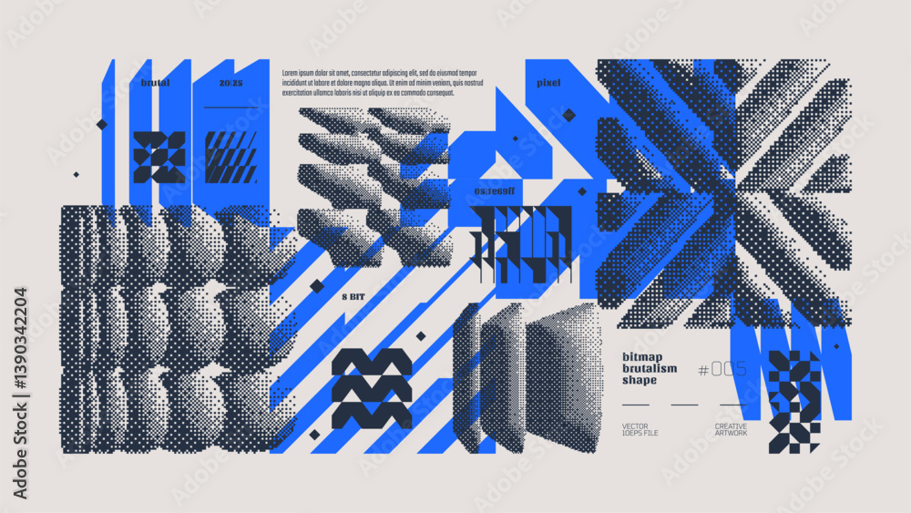Fototapete dithering bitmap abstract vector color background with postmodern geometric graphic brutalism shapes