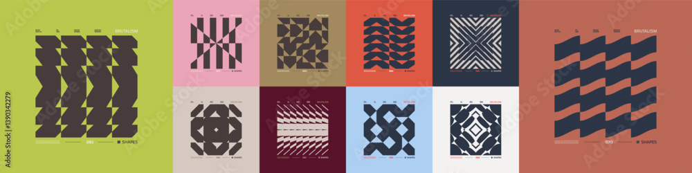Poster kit of postmodern geometric compositions with abstract shapes in brutalism aesthetics, mosaic of bru
