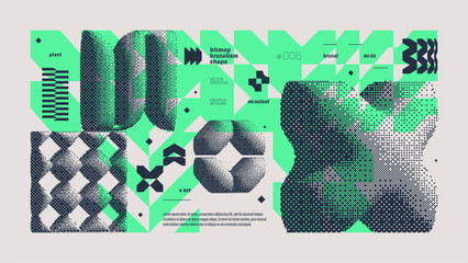 Dithering bitmap abstract vector color background with Postmodern geometric graphic brutalism shapes, Y2K bold vector pixelated modernism artwork banner inspiration by retro 8-bit aesthetic, yellow 6