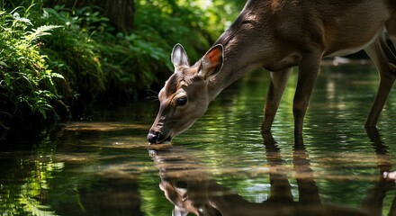 A deer drinking water from a crystal-clear stream.