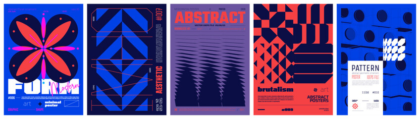 Set modernism art colorful trendy posters, artwork in minimalism and brutalism style, abstract geometric A4 rave postmodern composition, vector simple shapes print graphic in Y2K aesthetics, set 28