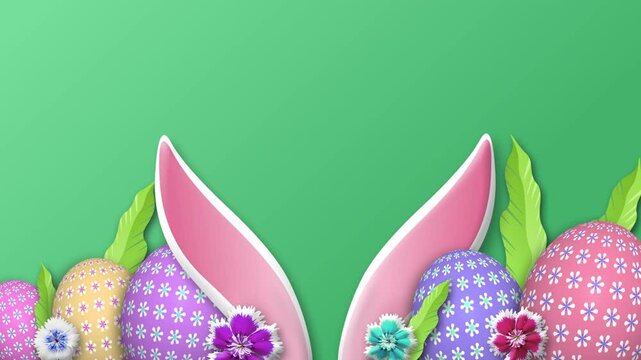 easter eggs, flowers and leaves with bunny ears on green gradient background. copy space for easter holiday greeting and blessings.