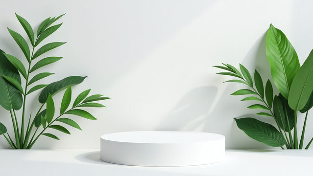 banner template white show eco natural packaging leaves empty podium showcase empty green product dais leaf stage advertisement floor wood