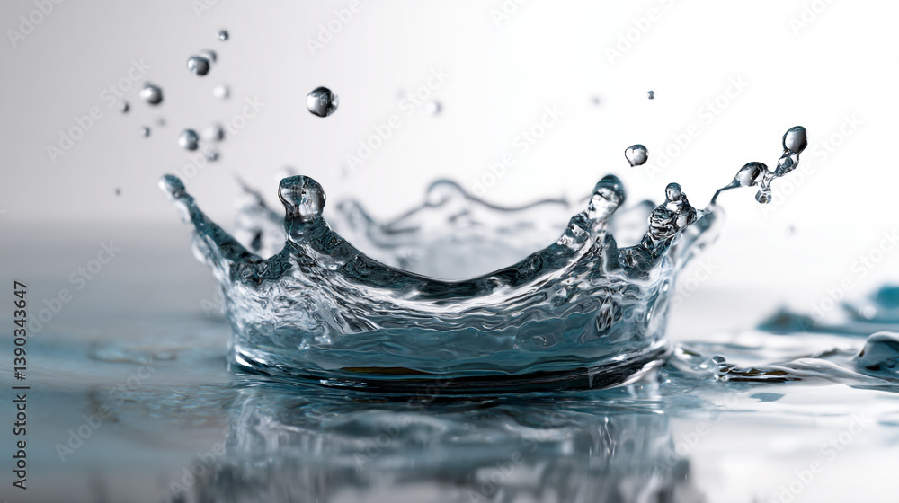 Poster a close up of water splashing and forming a crown shape with droplets in the air on a light backgrou