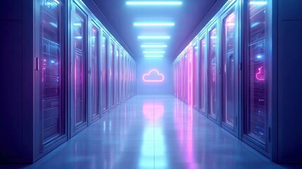A vibrant server room with neon lighting, symbolizing cloud storage and data centers.