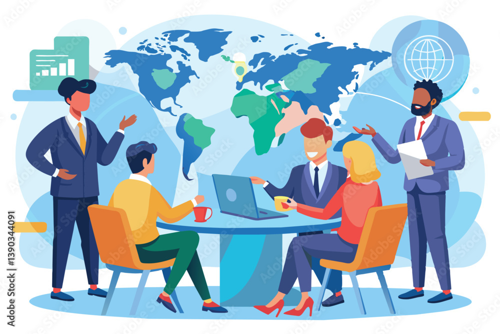 Poster a diverse business team meets around a table, discussing strategies with a world map as their backdr