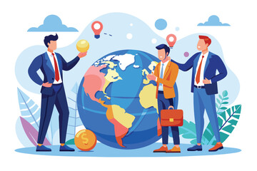 Three businessmen stand in front of a large globe, discussing ideas and strategies for global business.