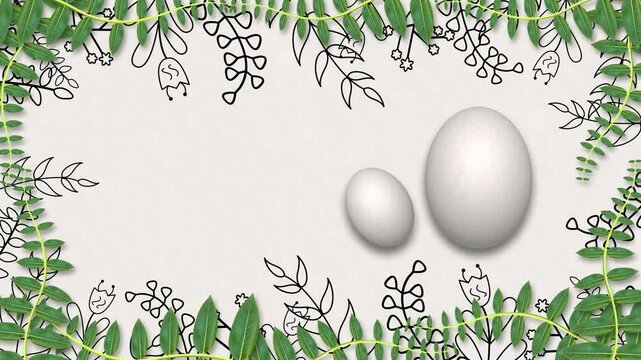 two white eggs on green plants leaves and animated black border plants on white background. concept for easter day decoration and celebration.