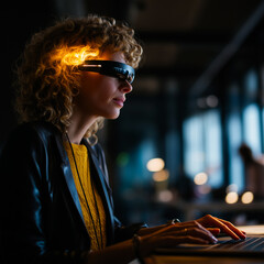 Blind woman using a screen reader in a modern office, confidently working on a laptop