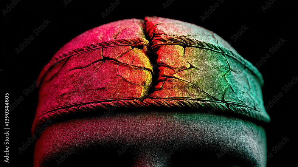 Poster cracked neural interface helmet leaking digital light with unconscious user in a dangerous tech futu
