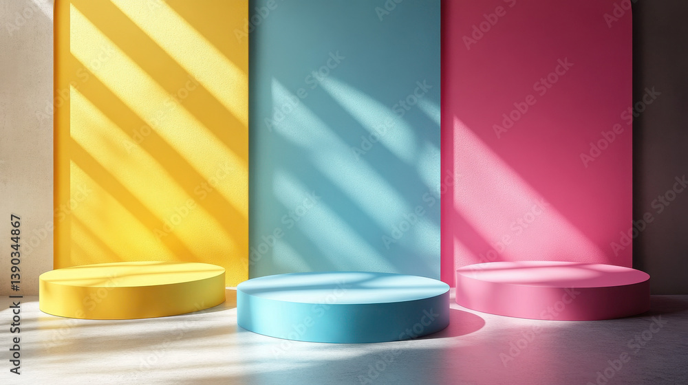 Aufkleber set of three pastel-colored podium background vector presentation designs with empty space for produ