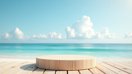 Fototapeta premium beachside wooden empty podium featured rendering background product presentations online marketing