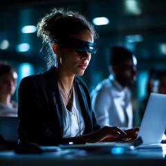 Blind woman using a screen reader in a modern office, confidently working on a laptop