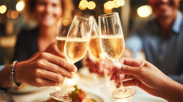 Friends raising champagne glasses in a toast at a dinner party, celebrating a special occasion.