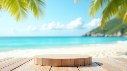 beautiful beach background features empty wooden table perfect summer product display travel advertisement