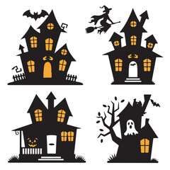 set of halloween, hunted house silhouette	
