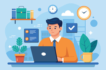 An illustration of a man working on a laptop at his desk. He is surrounded by a clock, a checkmark, and other office supplies, suggesting he is working on a project.