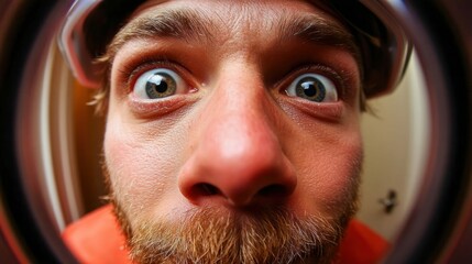 Intense close-up portrait captures a man's startled expression, viewed through a circular portal.