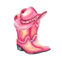 Colorful pink cowboy boots and hat drawn in watercolor, showcasing Western fashion style with vibrant hues and intricate details