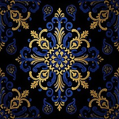 Blue and Gold Damask Pattern on Black Background