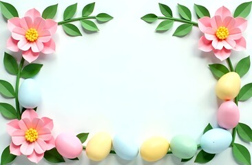 Festive paper frame flowers composirion with pastel eggs on minimal white backround, place for text. spring, womens day, Easter concept
