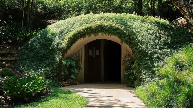 A grassy arched entrance leads into a dark opening - Powered by Adobe