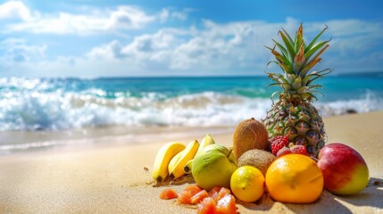 Tropical Fruits Beach Paradise - Summer vacation, exotic fruits, beach relaxation, juicy refreshment, tropical getaway