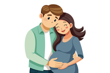 Obraz premium A happy couple is embracing, with the husband placing his hand on his pregnant wifes belly. Both are smiling warmly, expressing love and support.