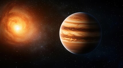 Massive exoplanet with swirling storms, set against a breathtaking galactic nebula, deep space wonder
