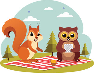 Obraz premium cartoon squirrel having picnic.