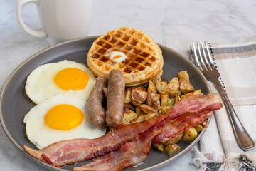 fried eggs with waffles  top with melted butter and  syrup