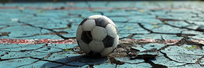 Worn Soccer Ball on Cracked Surface - A weathered soccer ball rests on a cracked, teal painted surface, suggesting neglect or abandonment