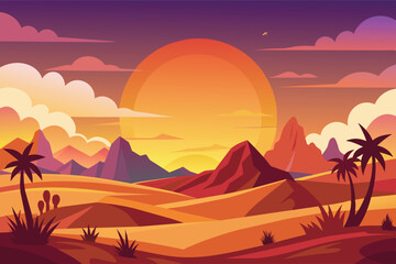 A vibrant digital illustration of a desert sunset with large mountains in the background and palm trees in the foreground.