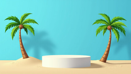 Obraz premium blue background features summer beach scene eps vector illustration palm trees beach items pile