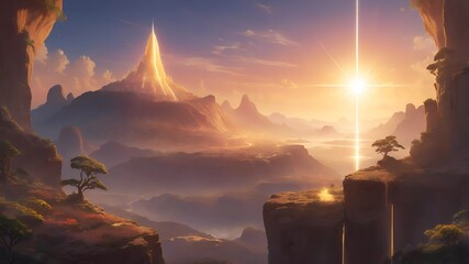 Fototapeta premium A landscape view of mountains with a bright light and trees on cliffs during daytime scenery art