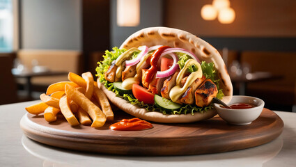 A Traditional Greek Gyro with Fries on a Wooden Board