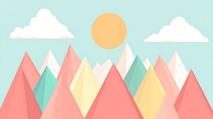 Pastel geometric mountain landscape illustration.