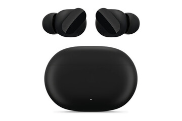 Wireless black bluetooth earphones isolated on white background