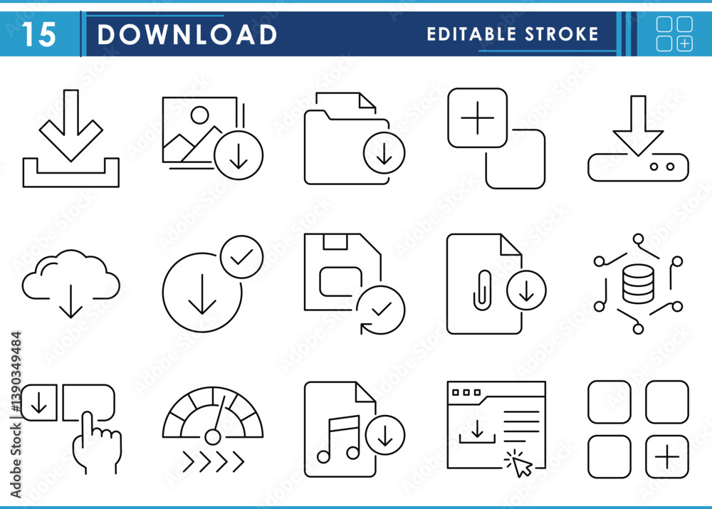 Poster a set of line icons related to download. files, attachment, cloud, database, website, save, and so o