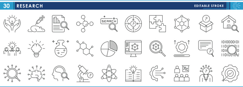 A set of line icons related to Research. Search, test, lab, scientist, digital, brain, lens, computer, innovation, and so on. Vector editable stroke.