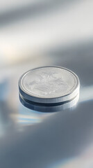 Shiny silver coin display modern studio product photography minimalist environment close-up viewpoint investment concept