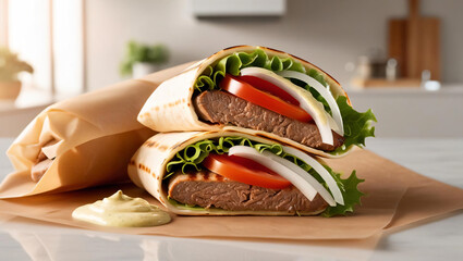 A Beef Steak Wrap with Vegetables in a Restaurant Setting