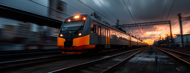 High speed train at modern railway station during colorful sunset