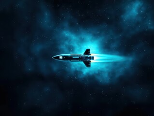 Interstellar spaceship navigating through a galactic nebula, scanning for new exoplanets